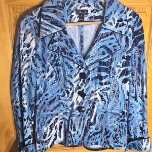CLARA S XL Chic Blue and Black Abstract Blazer SHINY LOOK WITH BIG BLUE BUTTONS